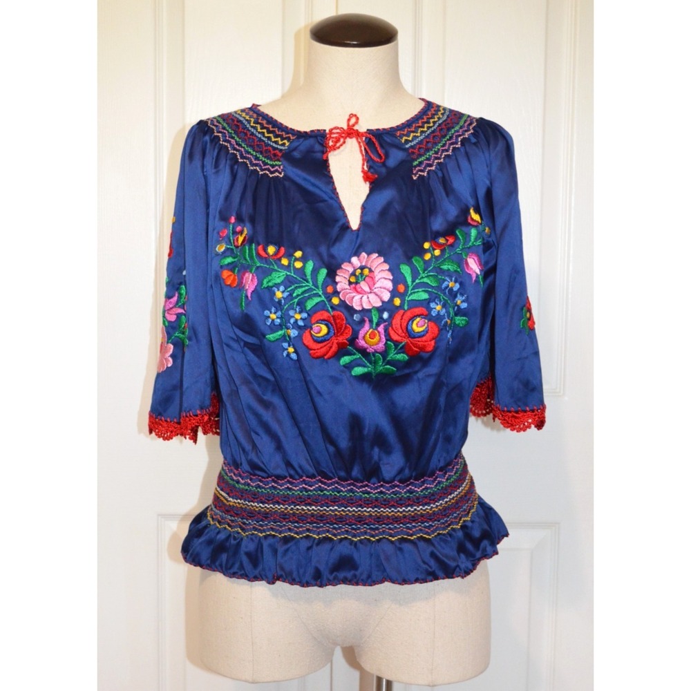 Mexican Ruffle Navy Blue Satin Blouse W/Embroidered Flowers Gathered Waist No Sz